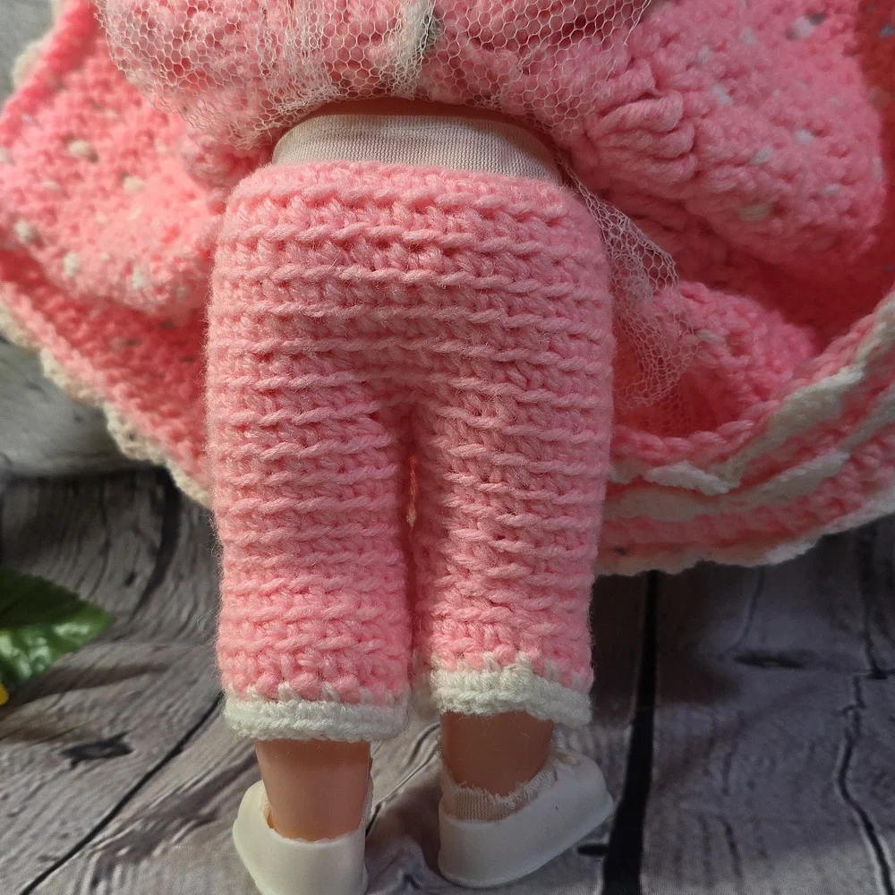 Vintage Angel Doll Brunette Crochet Dress and Accessories Pink White 14